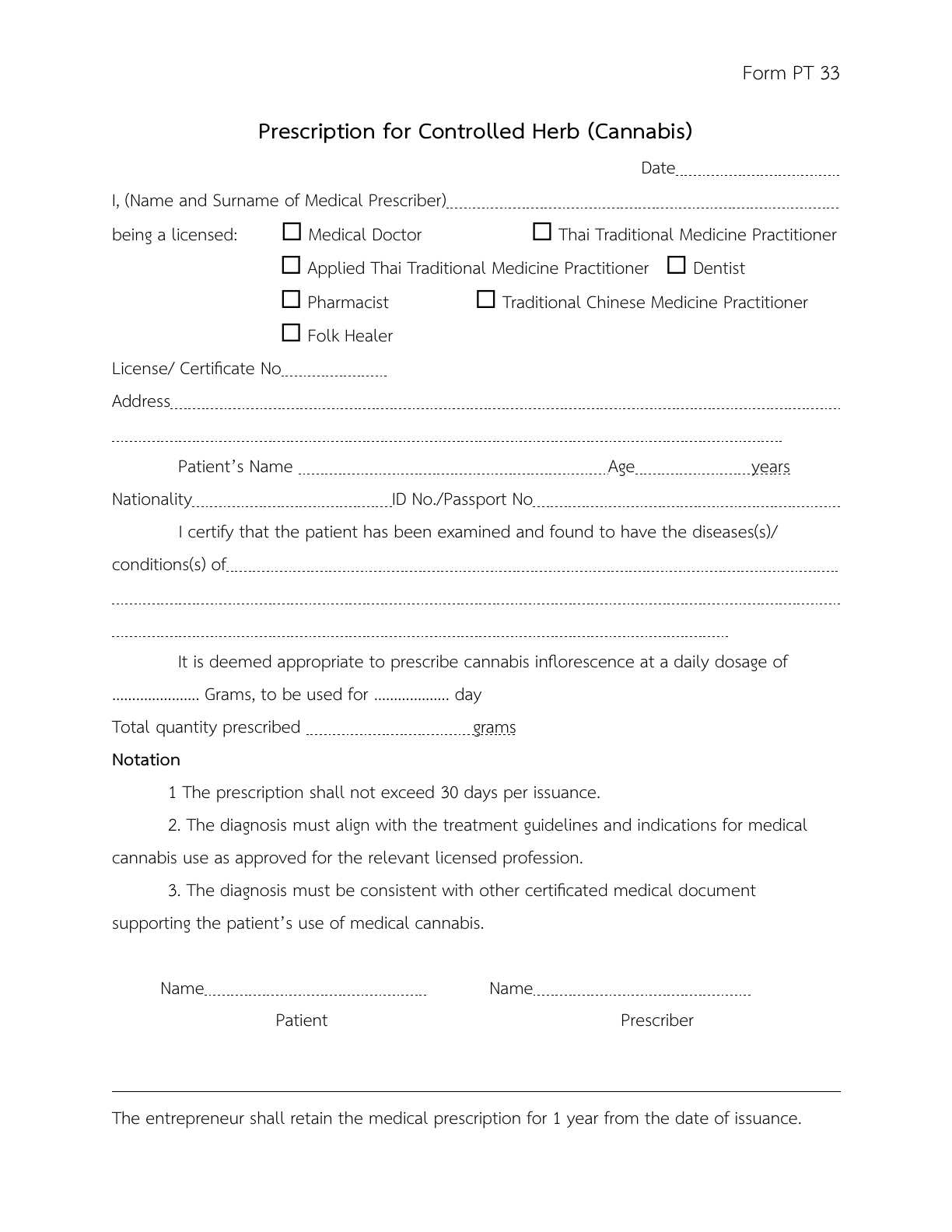 Official English PT33 controlled-herb cannabis prescription form published by Thailand DTAM
