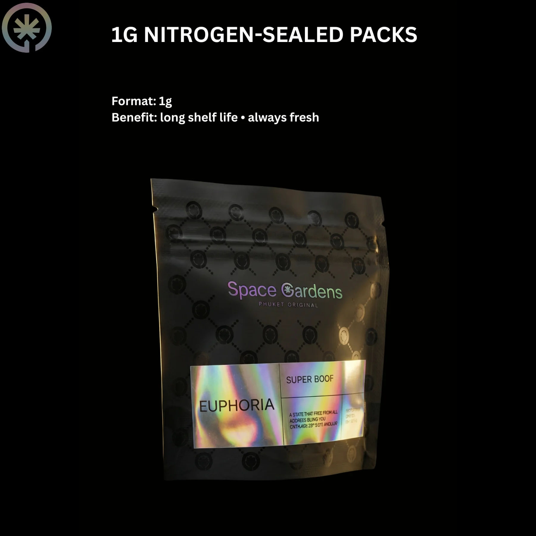 Space Gardens 1g cannabis flower packaging in Phuket