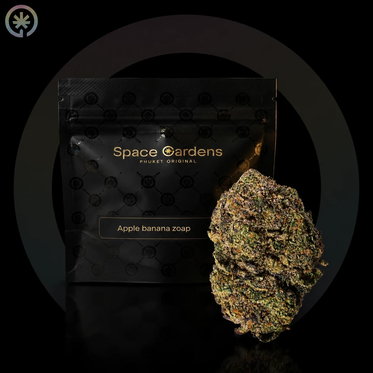 Apple Banana Zoap flower beside a branded Space Gardens pouch