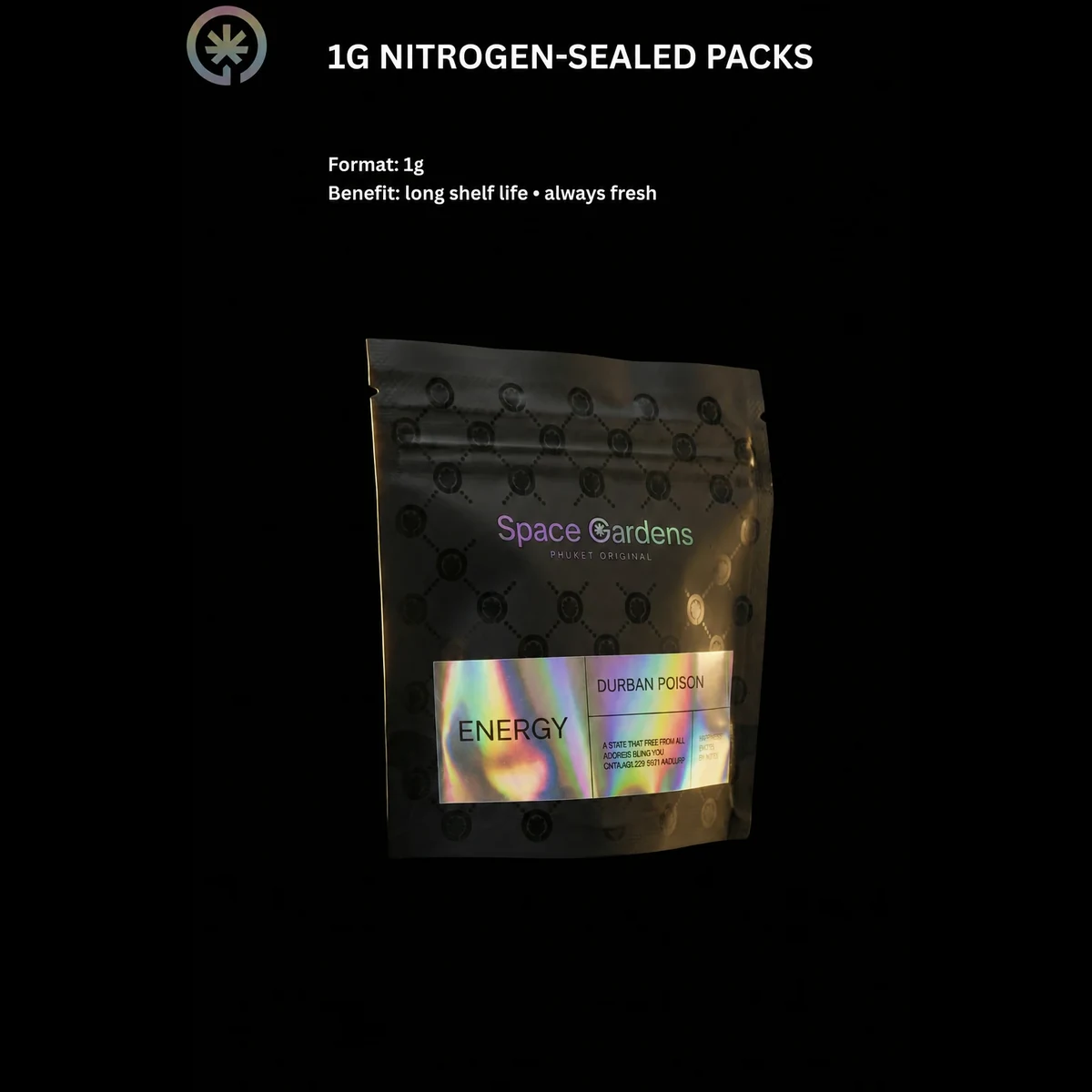 Durban Poison 1g nitrogen-sealed flower pack from Space Gardens