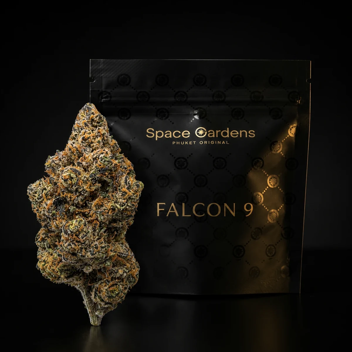 Falcon 9 flower beside a branded Space Gardens pouch