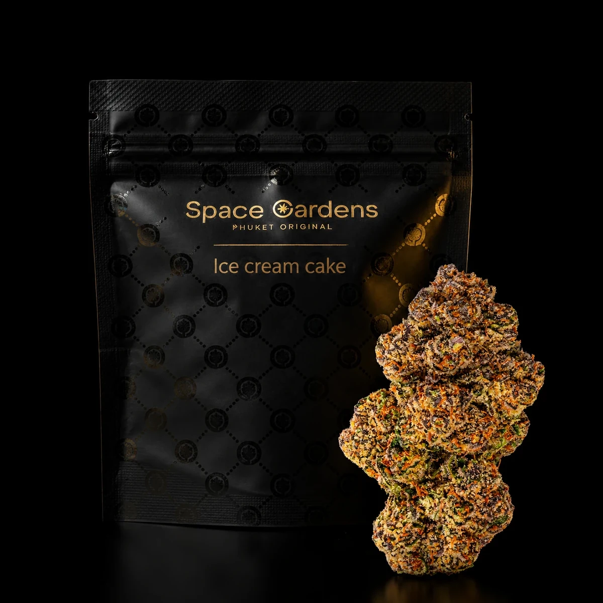 Ice Cream Cake flower beside a branded Space Gardens pouch
