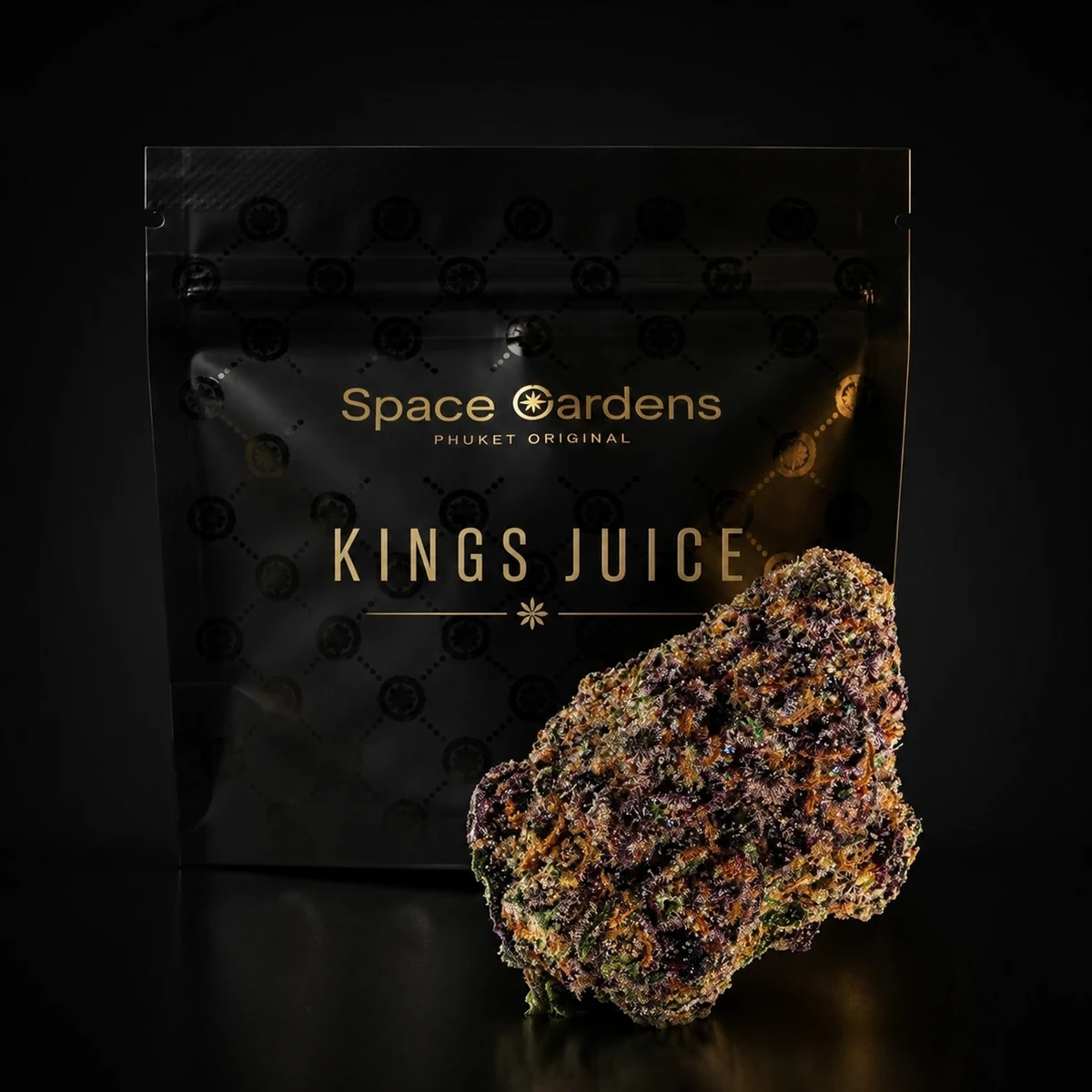King's Juice flower beside a branded Space Gardens pouch