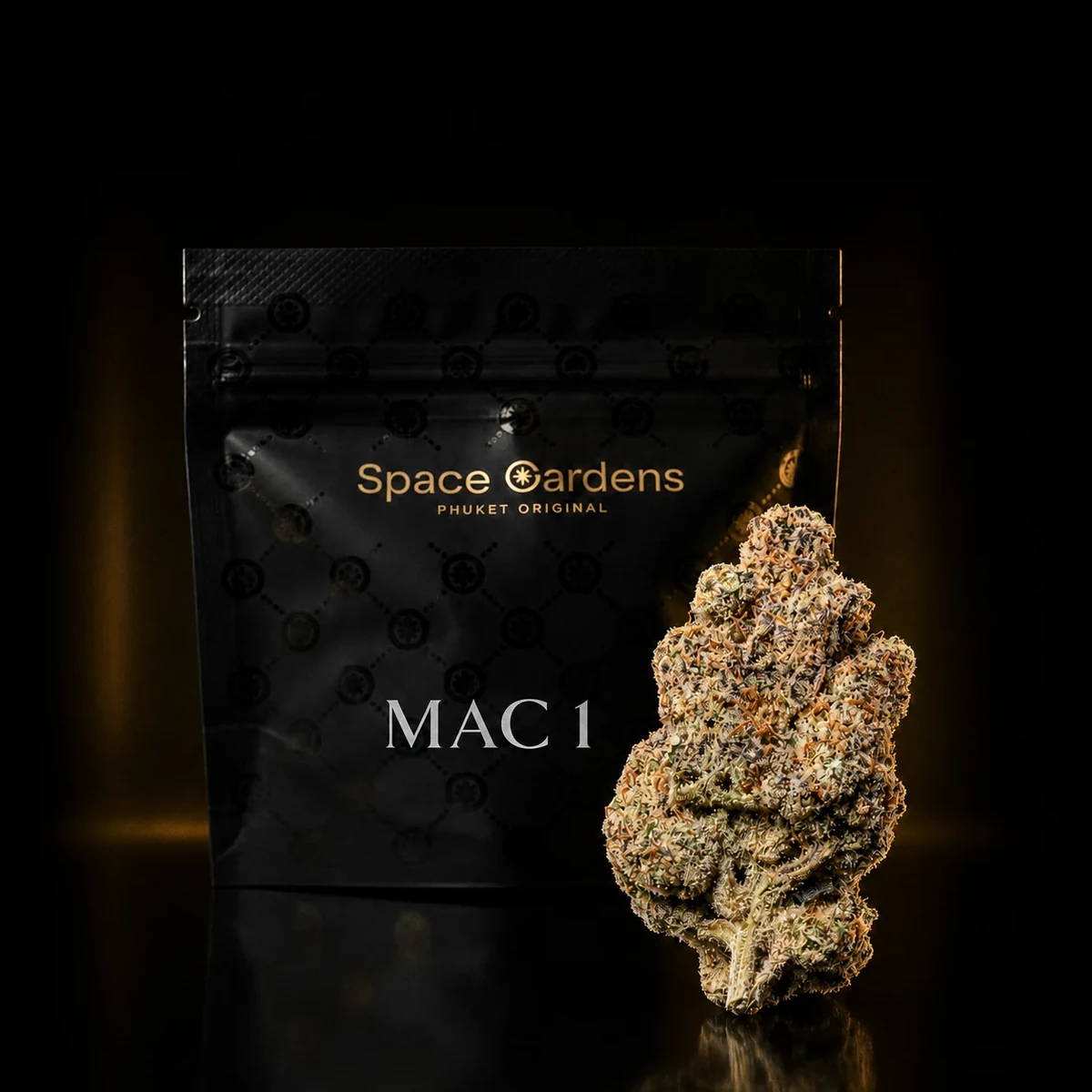 M.A.C 1 flower beside a branded Space Gardens pouch