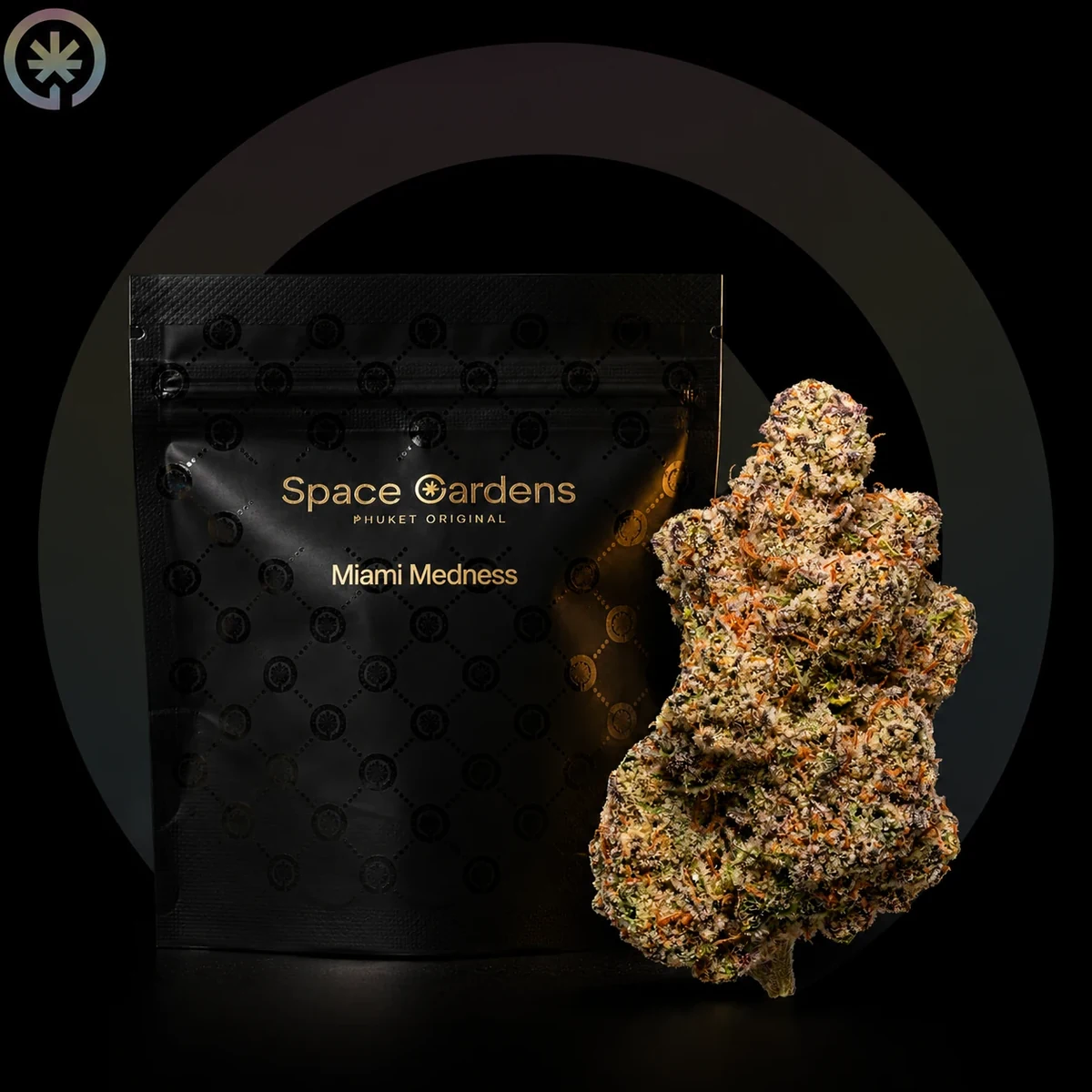 Miami Madness flower beside a branded Space Gardens pouch