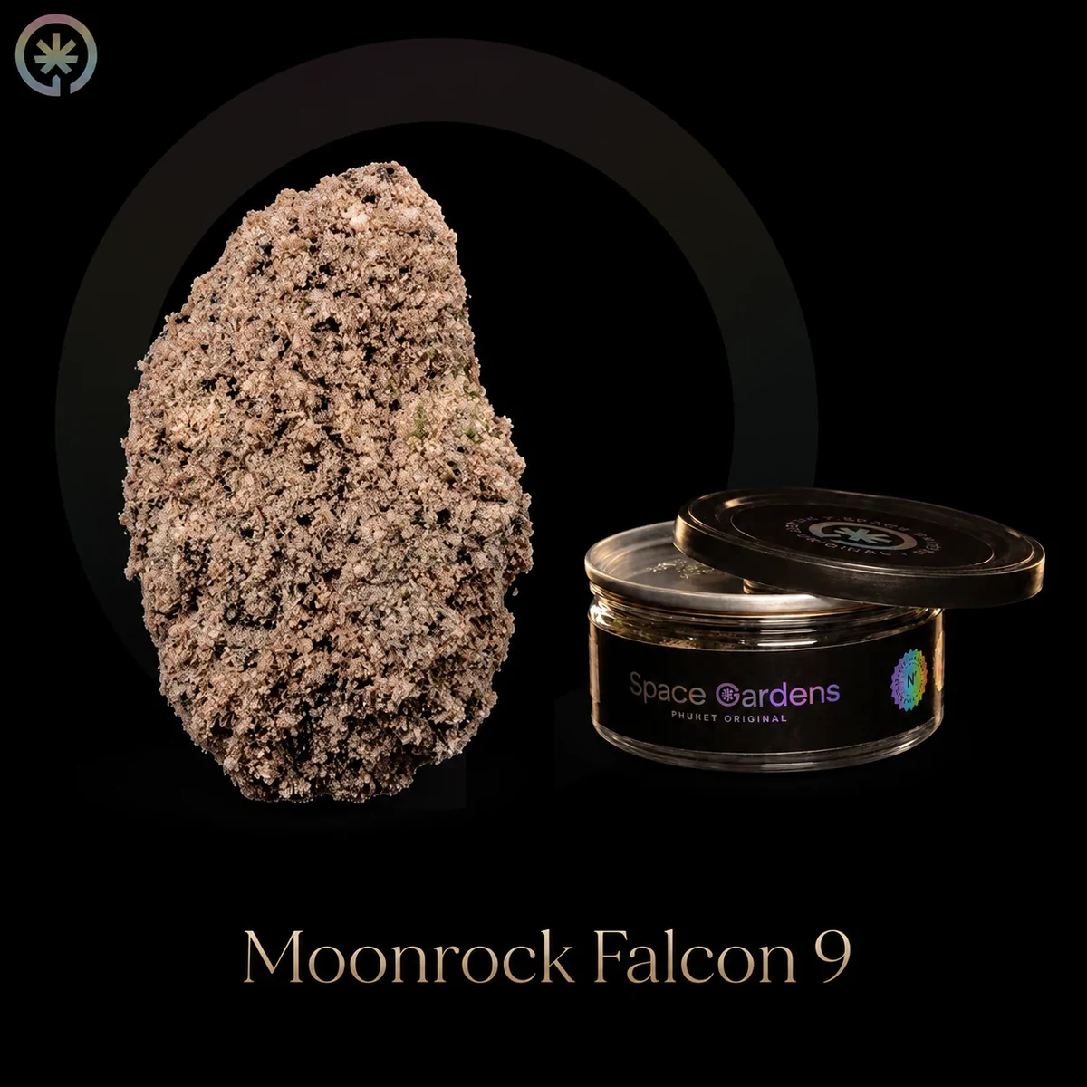 Moonrock Falcon 9 beside a branded Space Gardens jar