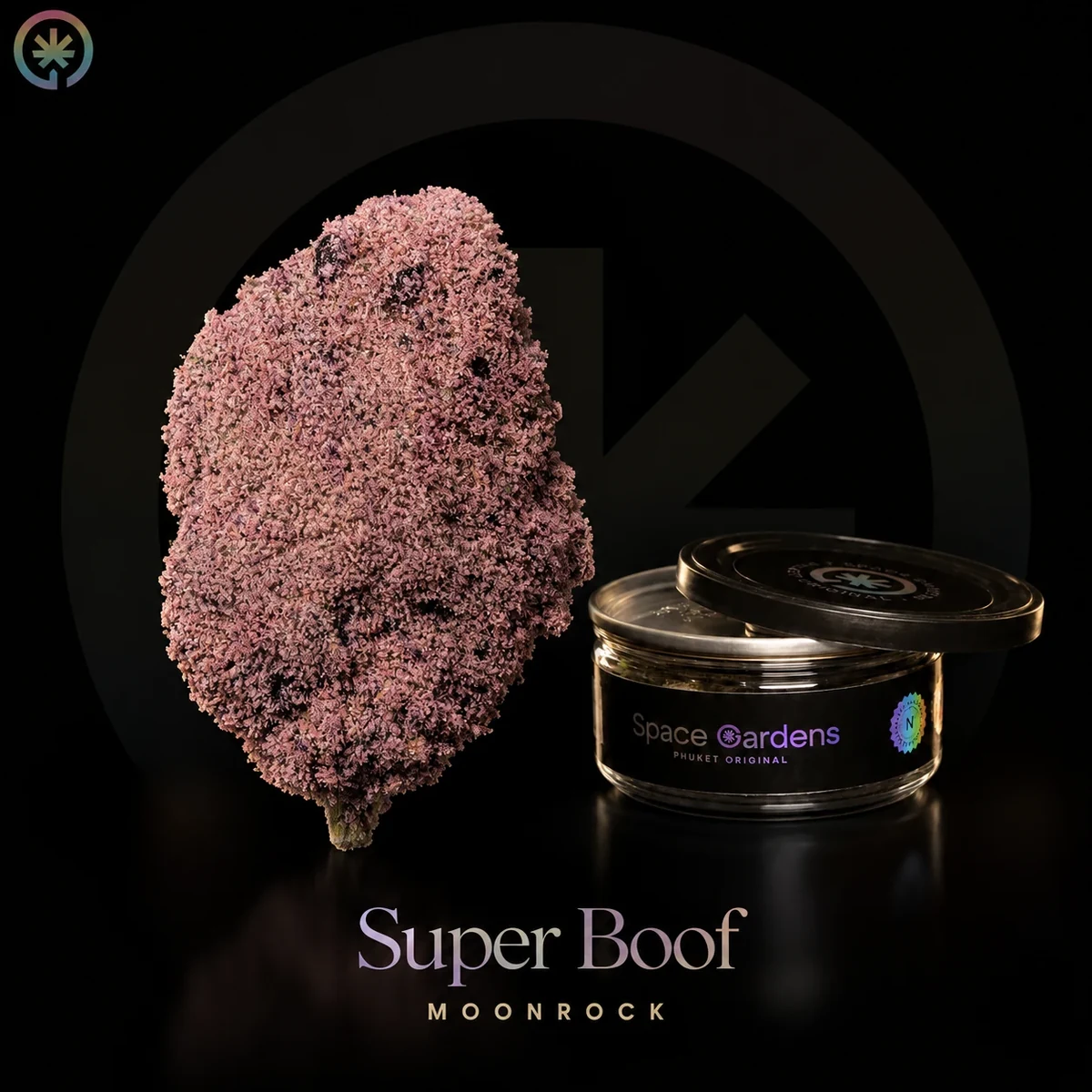 Moonrock Super Boof beside a branded Space Gardens jar