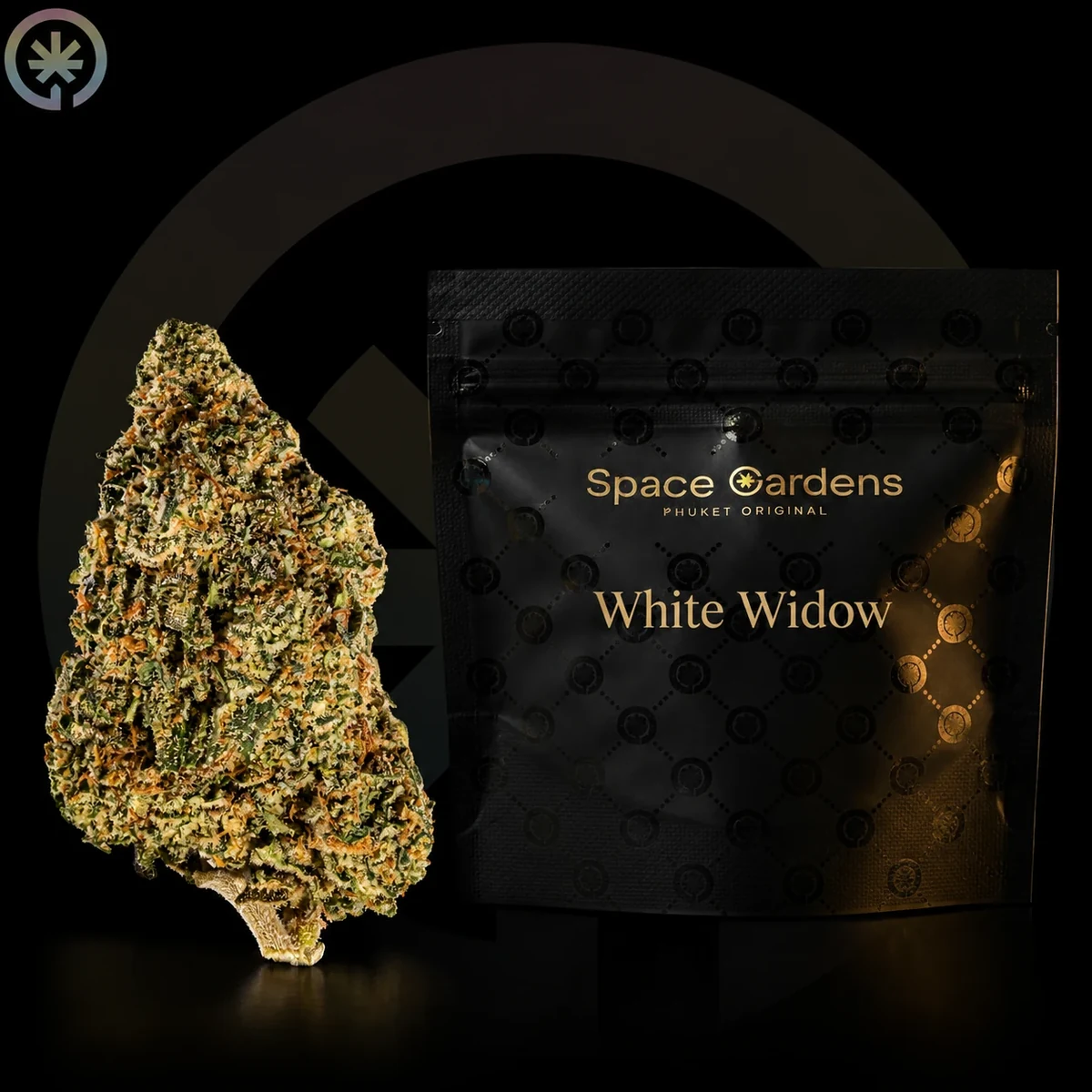 White Widow flower beside a branded Space Gardens pouch