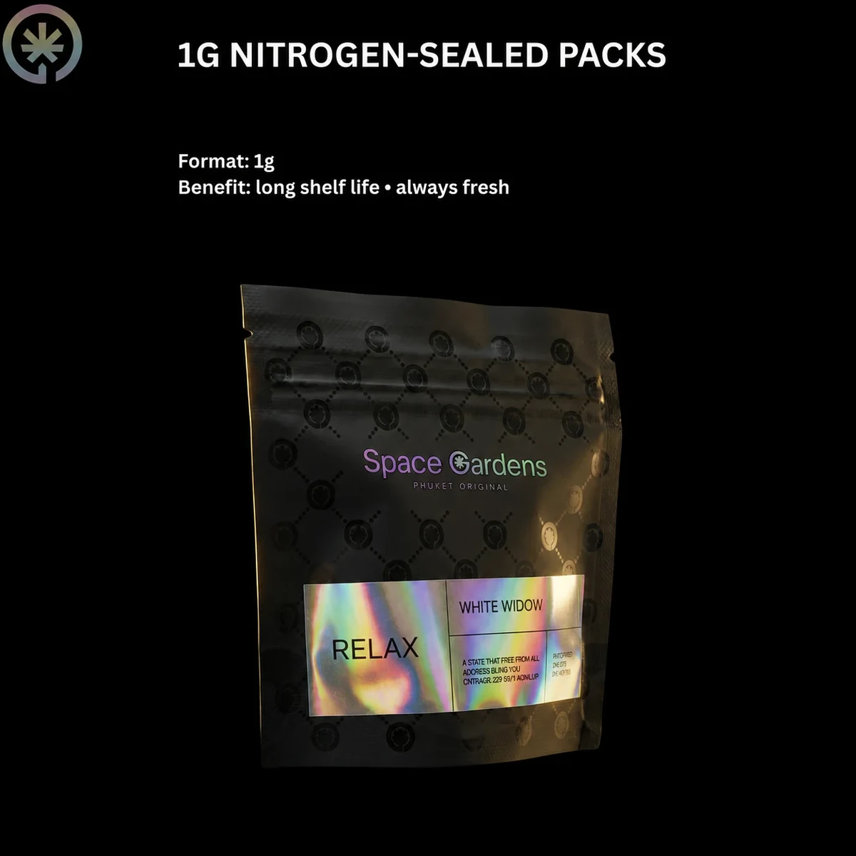 White Widow 1g nitrogen-sealed flower pouch