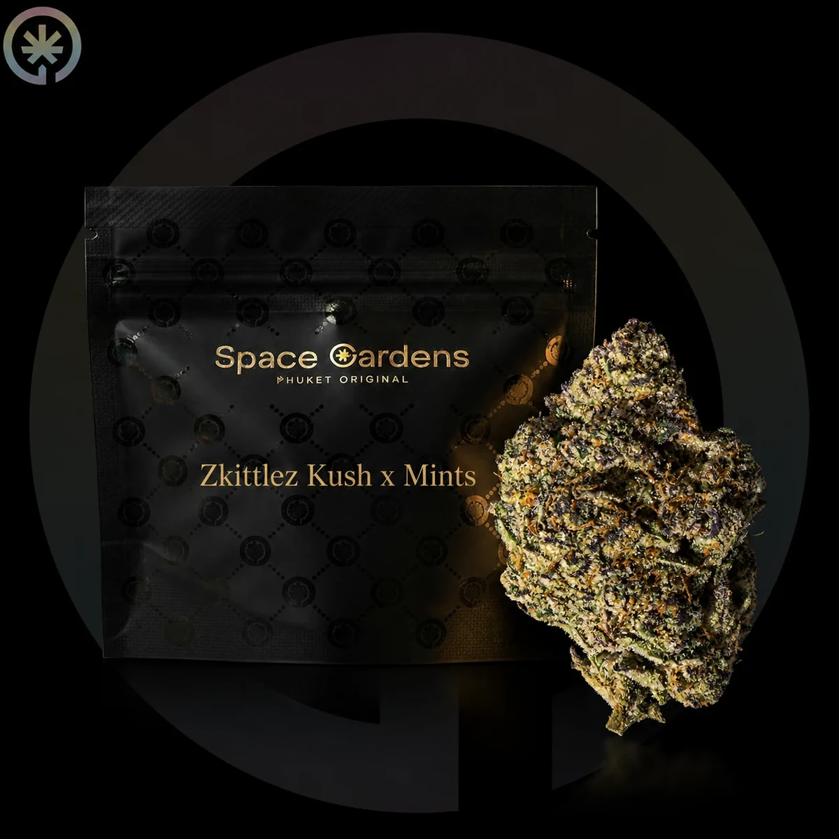 Zkittlez x Kush Mint flower beside a branded Space Gardens pouch